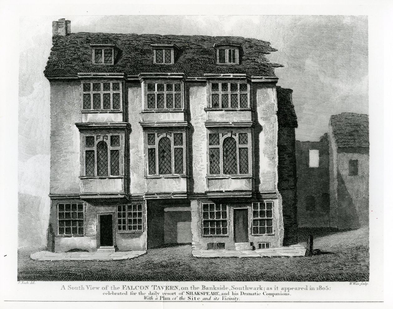 منظر جنوبي لـ Falcon Tavern ، على ضفة النهر ، ساوثوارك ، منقوش بواسطة ويليام وايز ، 1811 بواسطة فريدريك ناش