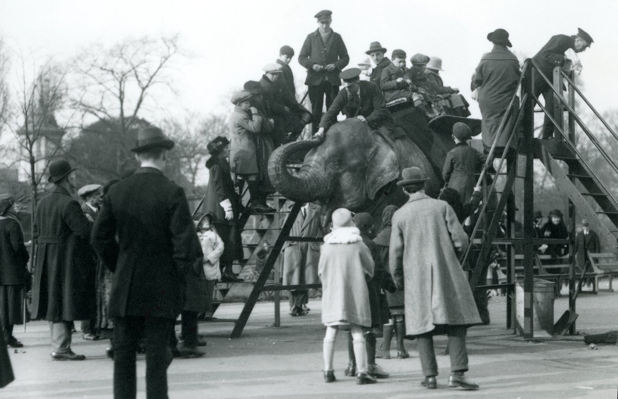حشود تراقب الزائرين وهم ينطلقون في رحلة فيل ، يشرف عليها حارس آرثر تشيرتش ، أبريل 1923 (صورة من وزن الجسم) بواسطة فريدريك وليام بوند