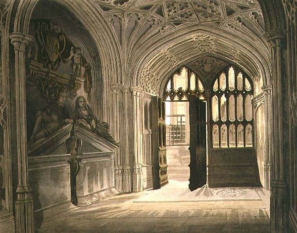 Islip Chapel ، اللوحة U من "Westminster Abbey" ، نقشها J. Bluck (fl.1791-1831) pub. بواسطة رودولف أكرمان (1764-1834) 1812 (أكواتينت) بواسطة فريدريك (بعد) ماكنزي