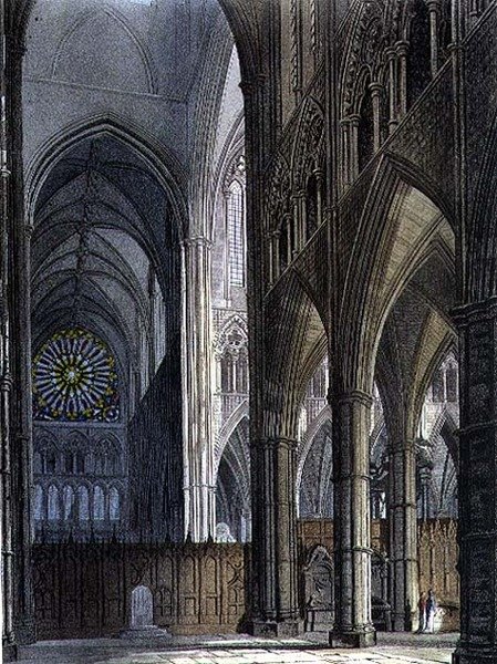المنظر الشمالي ، عبر Transept من زاوية Poet's Corner ، اللوحة 9 من "Westminster Abbey" ، محفور بواسطة حانة J. Bluck (fl.1791-1831). بواسطة رودولف أكرمان (1764-1834) 1811 (أكواتينت) بواسطة فريدريك (بعد) ماكنزي