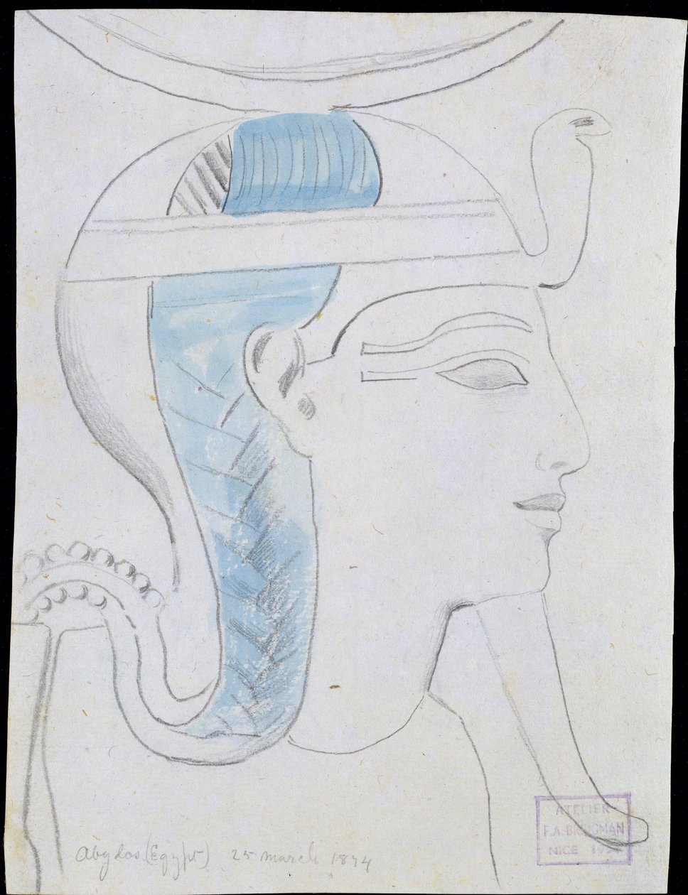 دراسة لإراحة رأس الإله خونسو في معبد سيتي الأول ، أبيدوس ، 1874 (قلم رصاص ومرحاض على ورق) بواسطة فريدريك آرثر بريدجمان