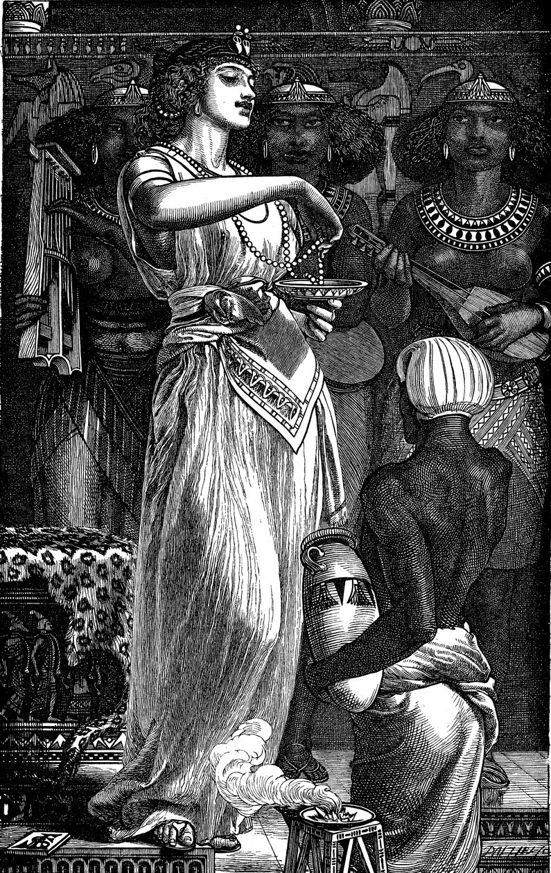 كليوباترا السابعة 69-30 قبل الميلاد ، ملكة مصر ، تذوب اللؤلؤ في النبيذ ، 1866 بواسطة فريدريك أوغسطس سانديز
