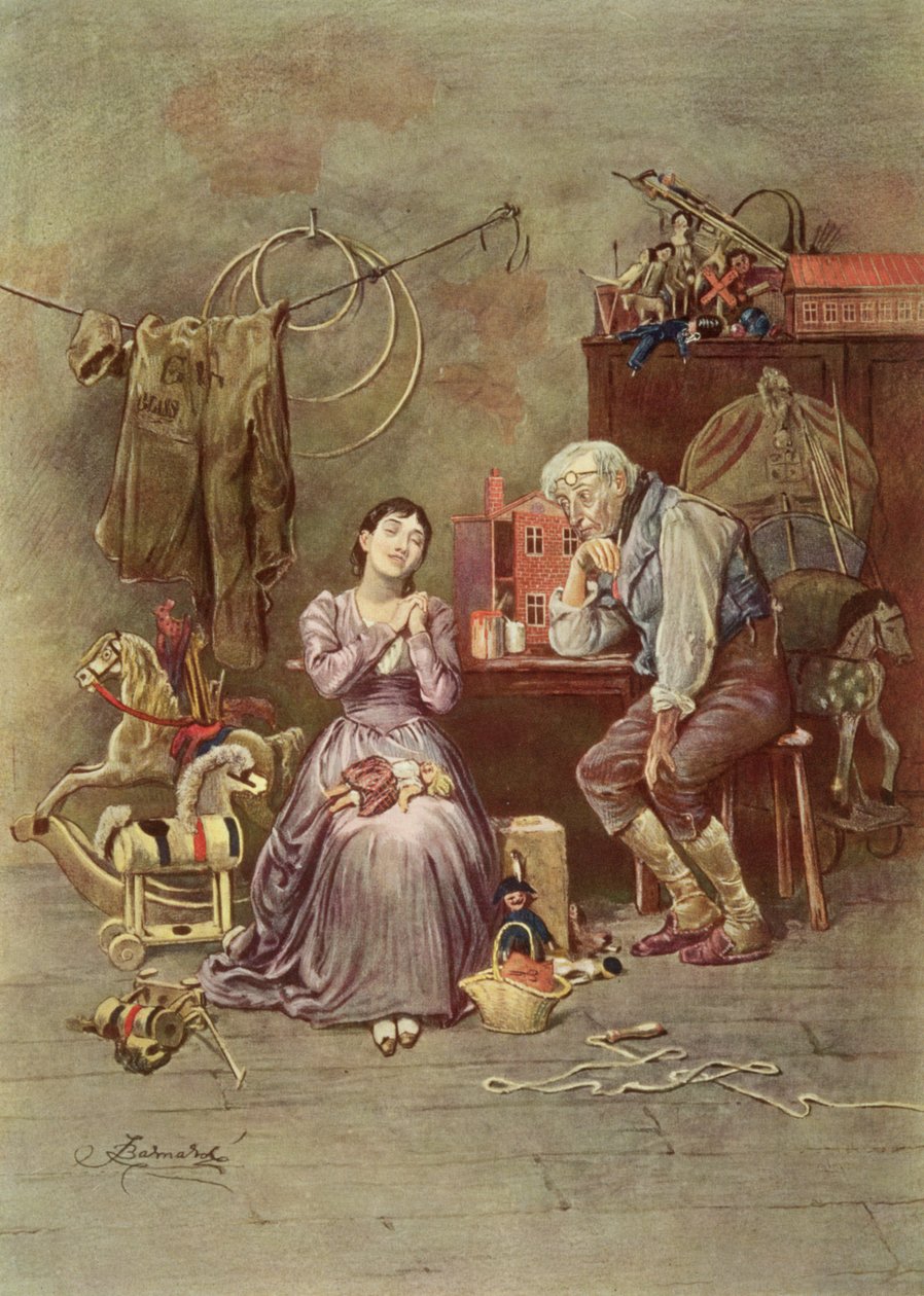 كاليب بلامر وابنته العمياء ، مشهد من فيلم The Cricket on the Hearth (1845) بقلم تشارلز ديكنز (1812-1870) بواسطة فريدريك بارنارد