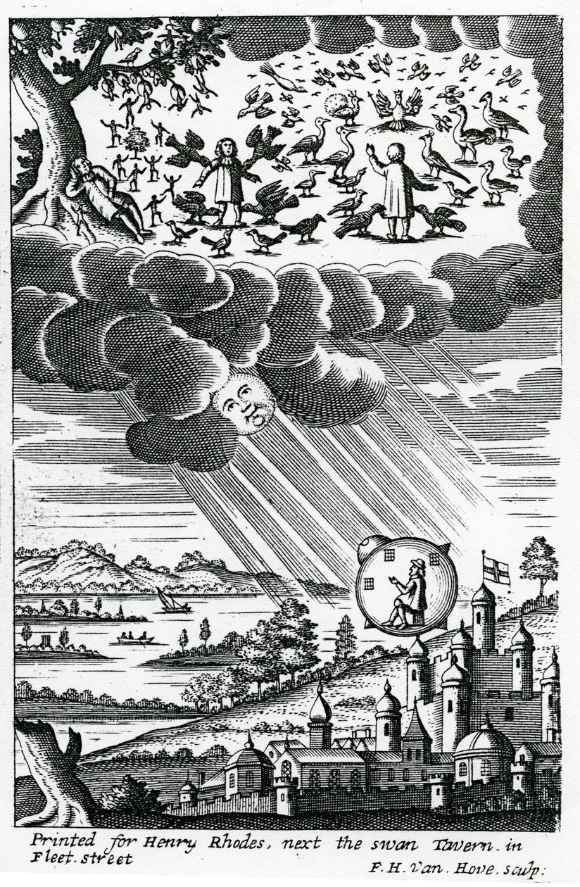 صورة عن "التاريخ الكوميكي لدول وإمبراطوريات عالم القمر" بقلم Cyrano de Bergerac ، تم نشره عام 1687 بواسطة فريدريك هندريك فان هوف