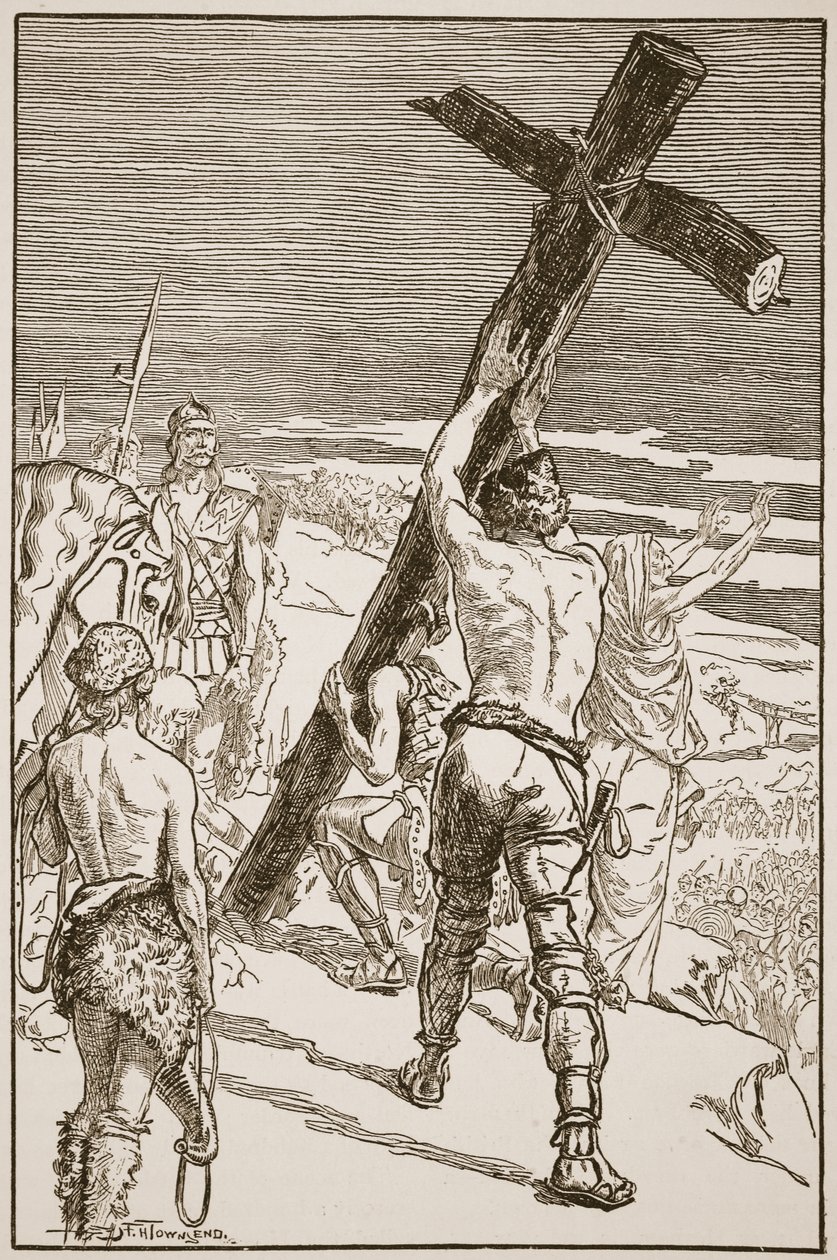 أوزوالد ينصب الصليب ، التوضيح من "كنيسة إنجلترا: تاريخ للشعب" بقلم HDM Spence-Jones ، حانة. ج .1910 (صورة بني داكن) بواسطة فريدريك هنري تاونسند