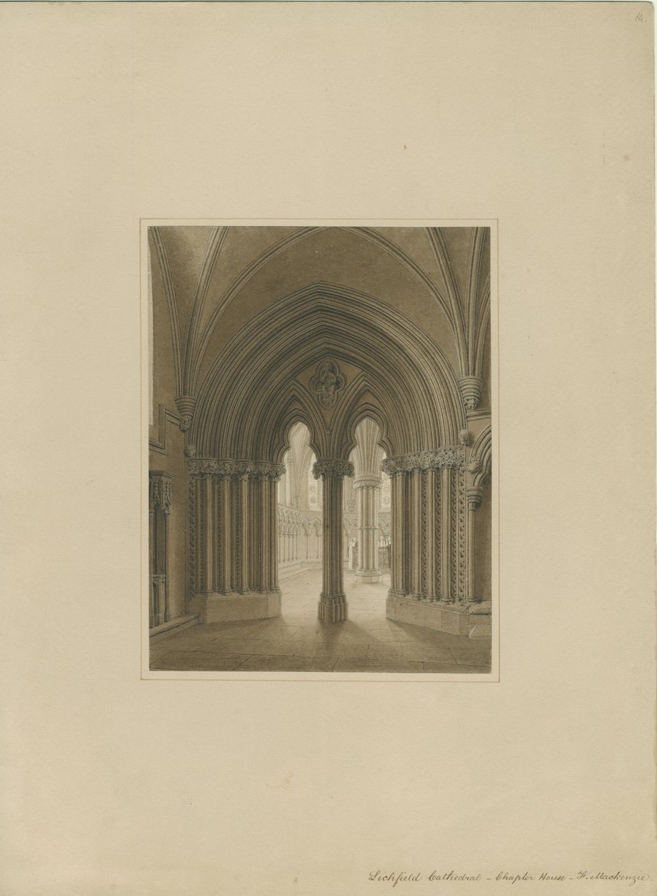 داخل كاتدرائية ليتشفيلد - مدخل بيت الفصل: رسم بني داكن ، بدون تاريخ [سي 1820] بواسطة فريدريك ماكنزي