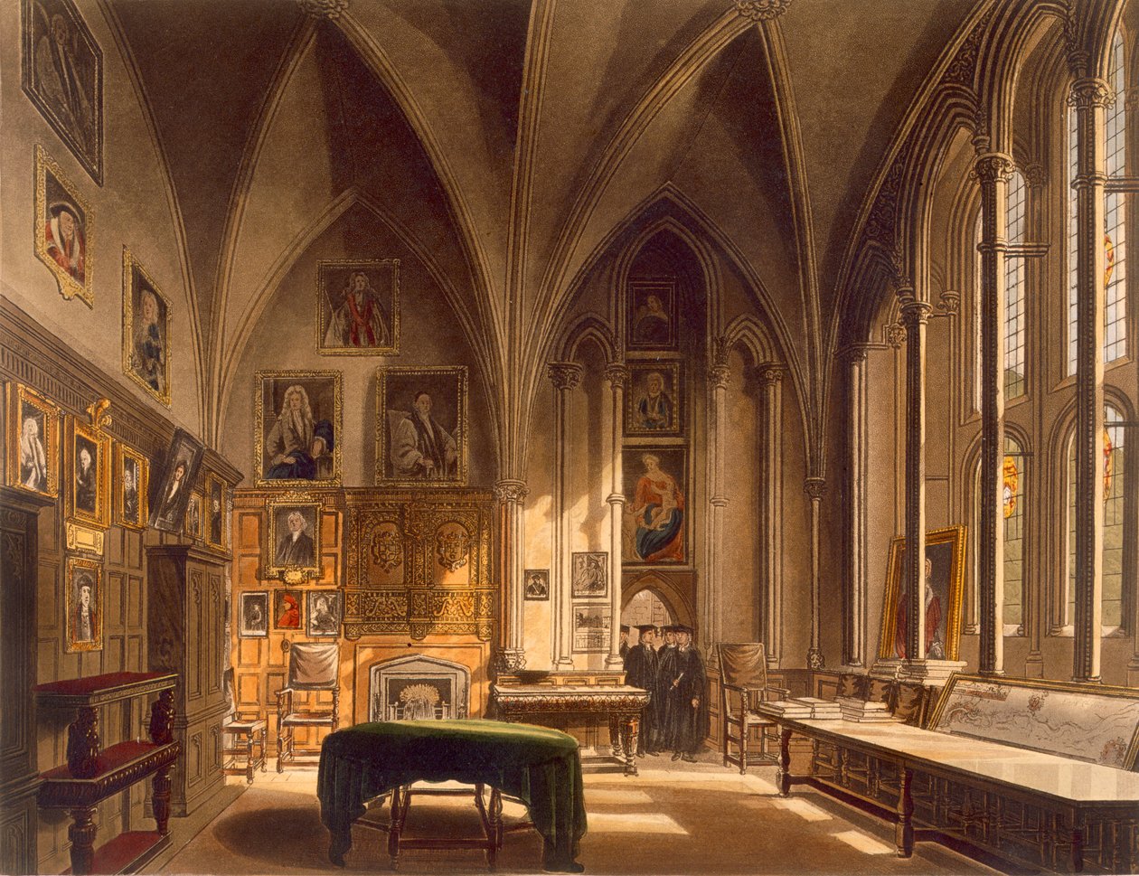 داخل بيت الفصل ، رسم توضيحي من "تاريخ أكسفورد" ، منقوش بواسطة جيه.بلوك (fl.1791-1831) حانة. بواسطة R. Ackermann، 1813 (aquatint) بواسطة فريدريك ماكنزي