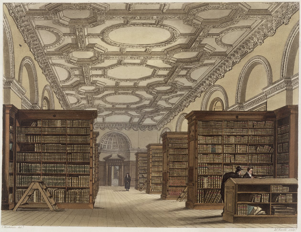 داخل المكتبة العامة ، كامبريدج ، من "تاريخ كامبريدج" ، نقشها دانيال هافيل (1785-1826) ، حانة. بواسطة R. Ackermann ، 1815 (ألوان مائية) بواسطة فريدريك ماكنزي