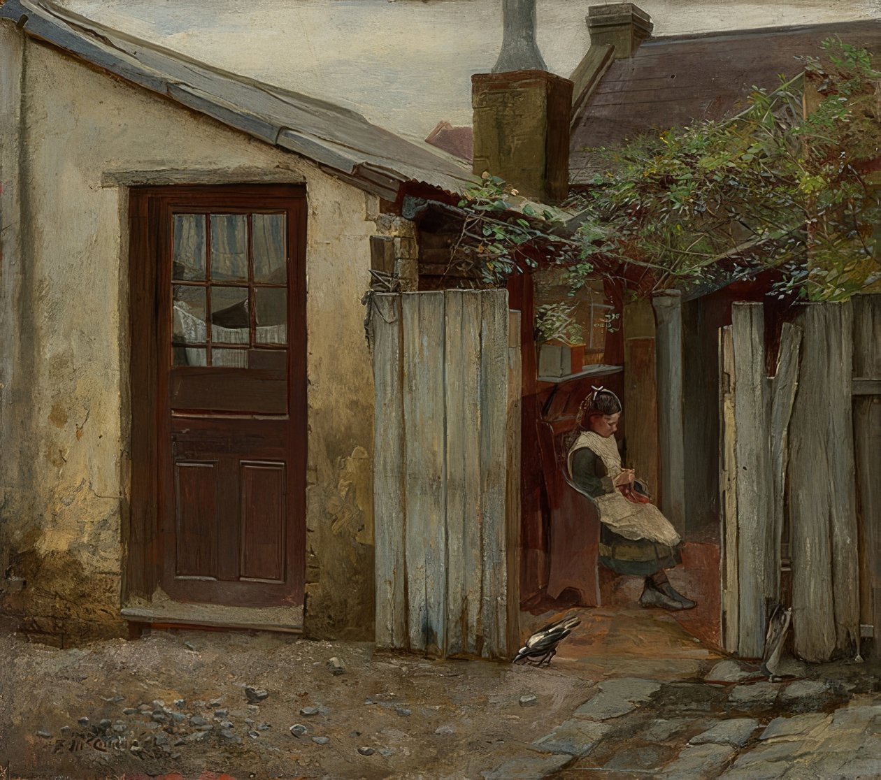 فتاة مع طائر أمام مخبز King Street. 1886 بواسطة فريدريك ماكوبين
