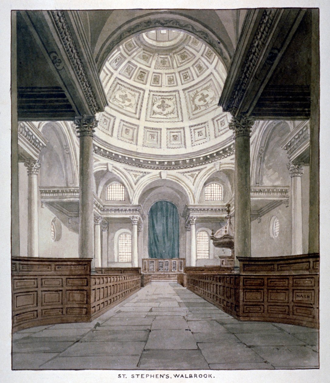 كنيسة القديس ستيفن والبروك ، مدينة لندن ، c1840. بواسطة فريدريك ناش