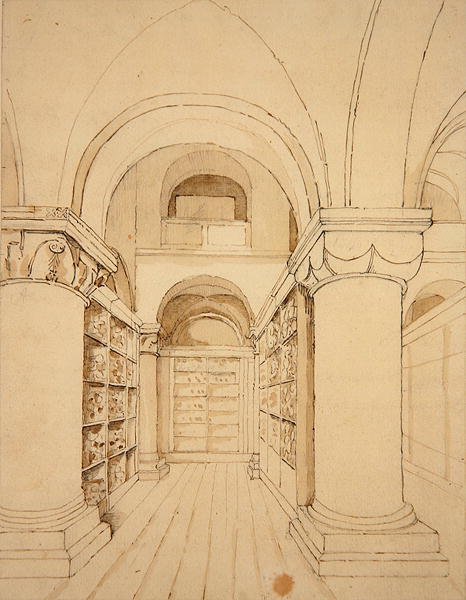 منظر داخلي لكنيسة سانت جون ، برج لندن ، حوالي عام 1810 (قلم حبر وغسل على ورق) بواسطة فريدريك ناش