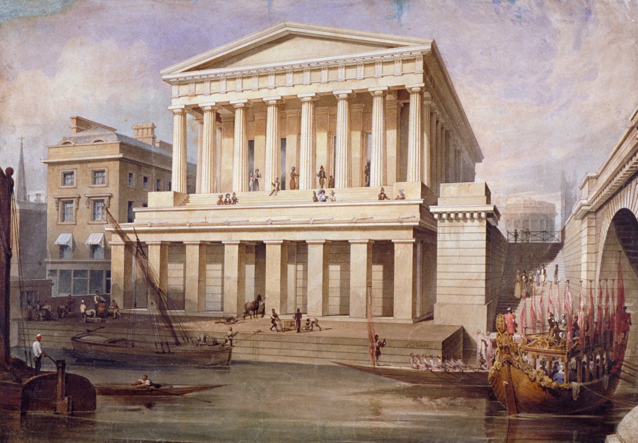 منظر مقترح لقاعة Fishmongers 'Hall بالقرب من جسر لندن ، مدينة لندن ، c1830 بواسطة فريدريك ناش