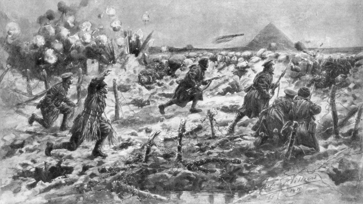 هجوم بريطاني باستخدام الحربة والقنبلة اليدوية ، نوف شابيل ، فرنسا ، 10 مارس 1915 ، 1926. بواسطة فريدريك فيليرز