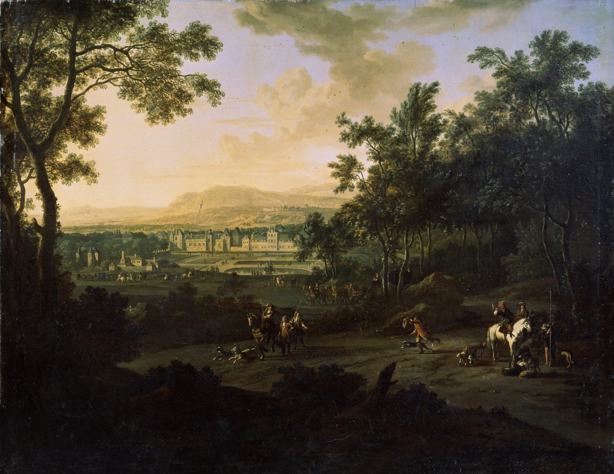 المناظر الطبيعية مع الصيادين. لوحة لفريدريك دي موشرون (1633-1686). زيت على قماش ، فن هولندي ، أسلوب الباروك. متحف ميخائيل كروشيتسكي للفنون ، سيفاستوبول (سيفاستوبول) أوكرانيا بواسطة فريدريك دي موشرون