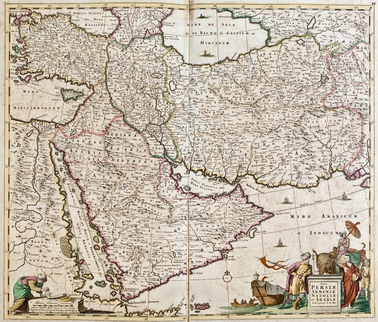 خريطة بلاد فارس (إيران) ، أرمينيا ، الأناضول (تركيا)) والجزيرة العربية (شبه الجزيرة العربية: المملكة العربية السعودية ، الكويت ، الإمارات العربية المتحدة ، عُمان ، قطر ، اليمن ، البحرين) (نقش بواسطة فريدريك دي ويت
