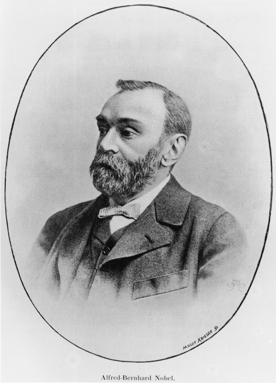 ألفريد نوبل (1833-1896) رسم توضيحي من La Revue يوضح ، 1902 (فوتوليثو) بواسطة مصور فرنسي
