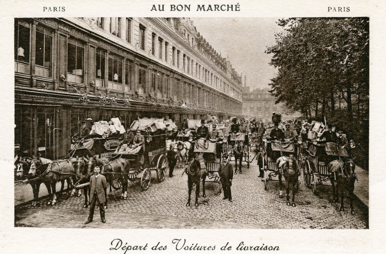 رحيل عربات التسليم من متاجر Bon Marché ، باريس ، c.1890 بواسطة مصور فرنسي