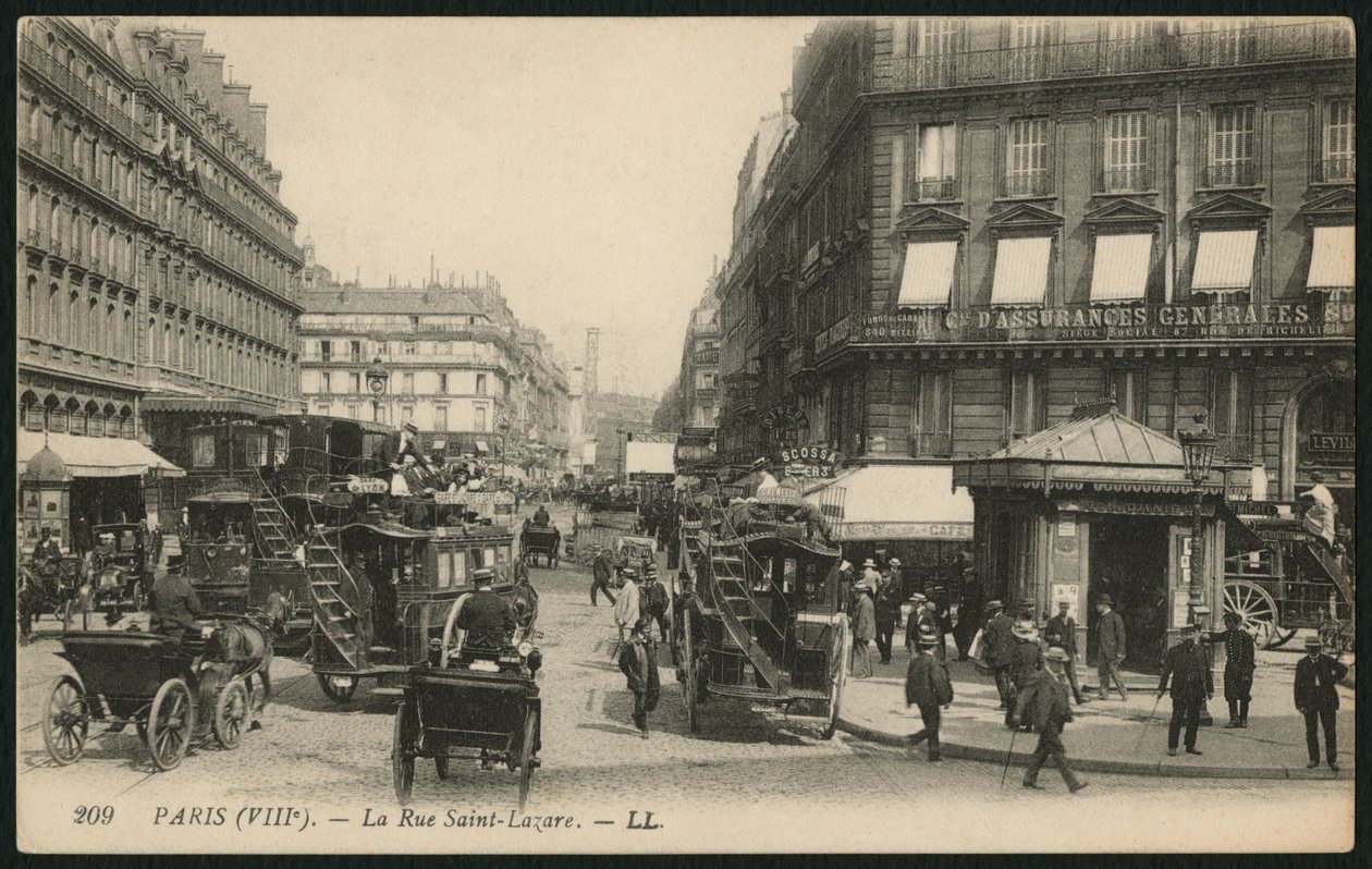 بطاقة بريدية تصور شارع سانت لازار في باريس ، c.1900 (فوتوليثو) بواسطة مصور فرنسي