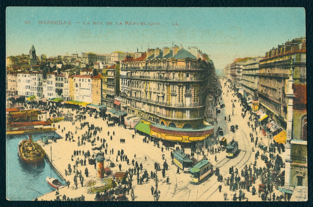 بطاقة بريدية تصور Rue de la Republique في مرسيليا ، فرنسا ، c.1920 (صورة ملونة وزن الجسم) بواسطة مصور فرنسي