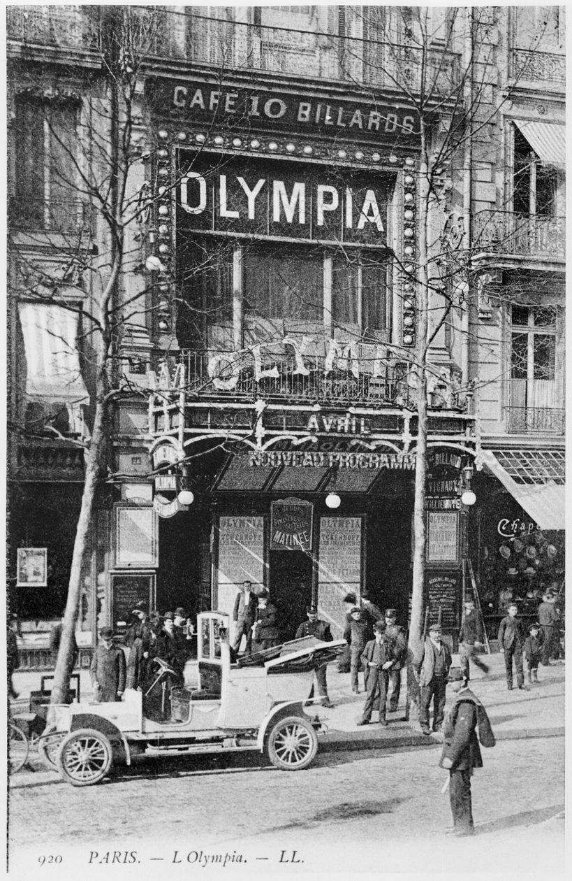 بطاقة بريدية تصور قاعة الموسيقى أولمبيا ، 28 Boulevard des Capucines ، باريس ، أوائل القرن العشرين بواسطة مصور فرنسي