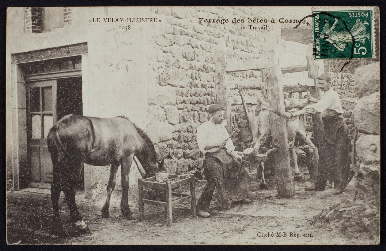 بطاقة بريدية تصور تزوير حصان في كورنز ، لو فيلاي ، c.1900 بواسطة مصور فرنسي