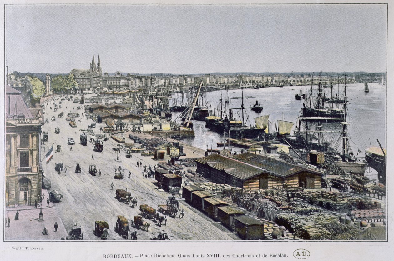 منظر لميناء بوردو مع Place Richelieu و Quais Louis XVIII ، des Chartrons und de Bacalan ، أواخر القرن التاسع عشر (صورة ملونة) بواسطة مصور فرنسي