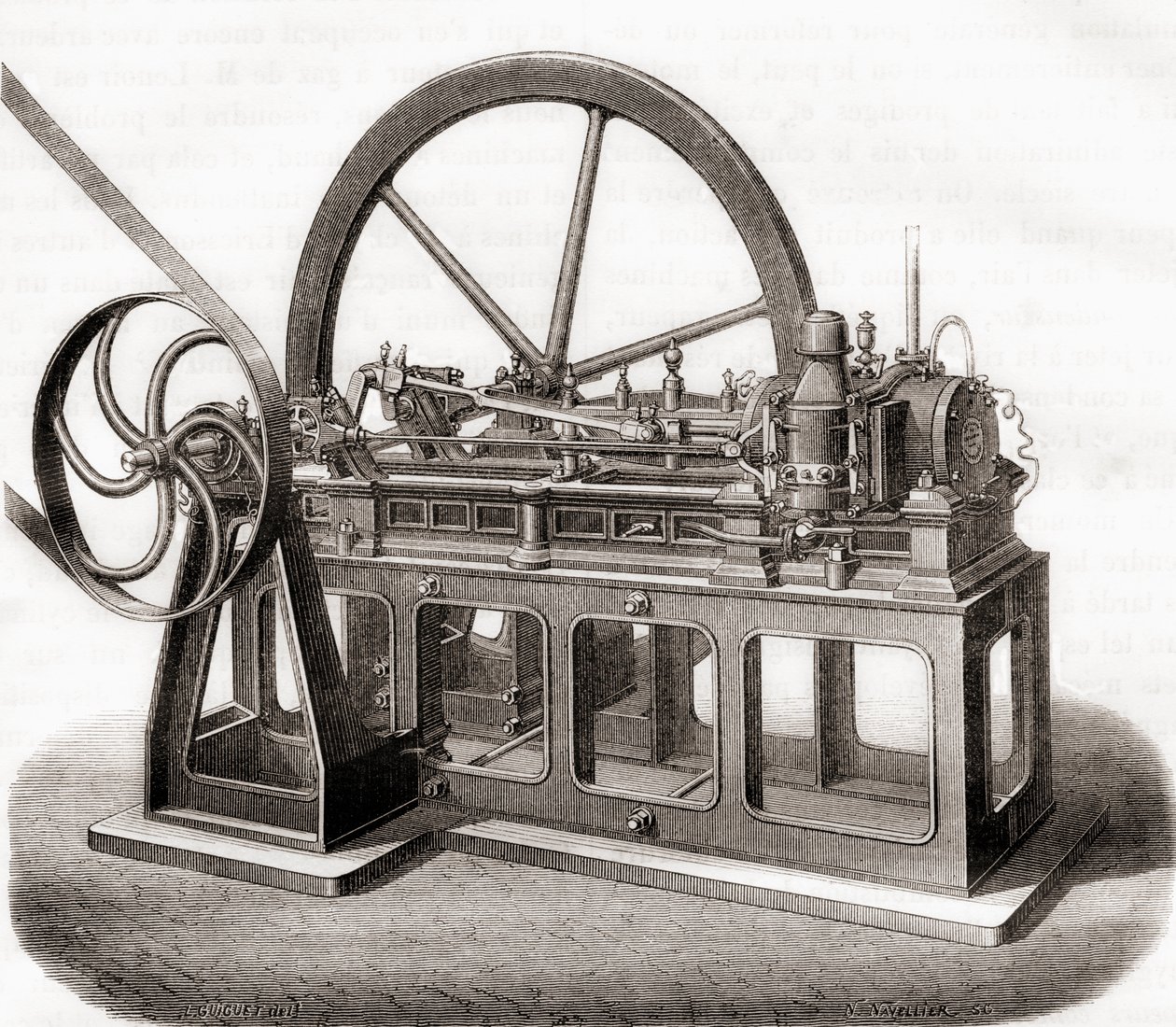 محرك يعمل بالغاز في القرن التاسع عشر ، من Les Merveilles de la Science ، تم نشره عام 1870 بواسطة المدرسة الفرنسية