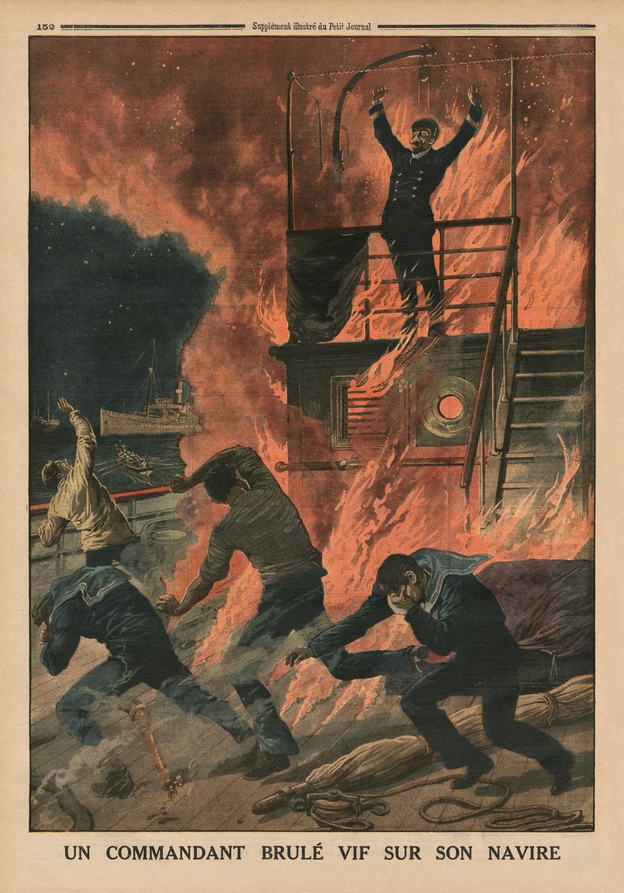 كابتن أحرق على قيد الحياة على متن سفينته ، صورة الغلاف الخلفي من `` Le Petit Journal &39;&39; ، ملحق illustre ، 10 مايو 1914 بواسطة المدرسة الفرنسية