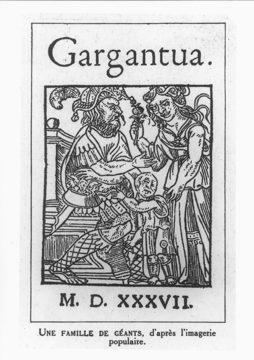 عائلة عمالقة ، رسم توضيحي من "Gargantua" بقلم فرانسوا رابيليه (c.1483-1553) 1537 (xylograph) بواسطة المدرسة الفرنسية