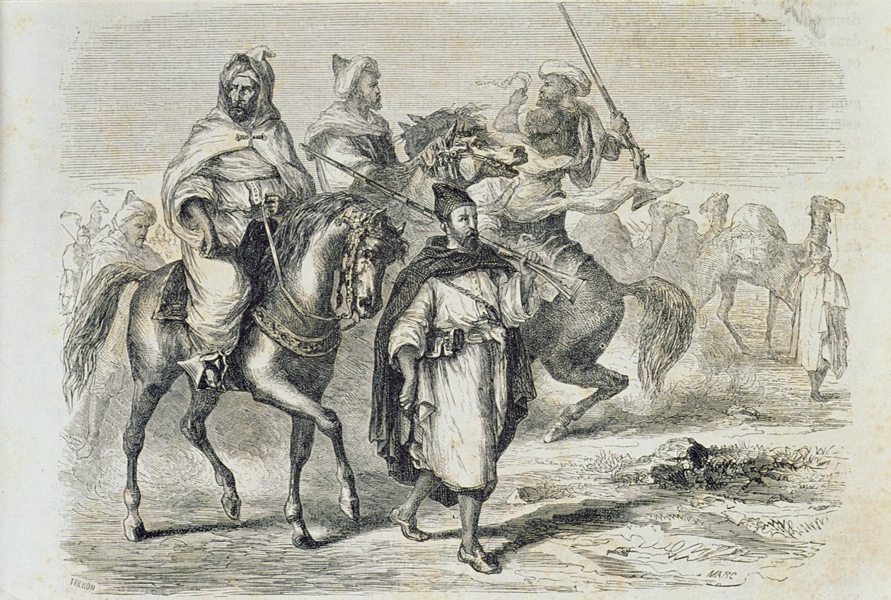 قافلة مغربية في ستينيات القرن التاسع عشر ، نقشها أوغست تريشون (1814 م) بواسطة المدرسة الفرنسية