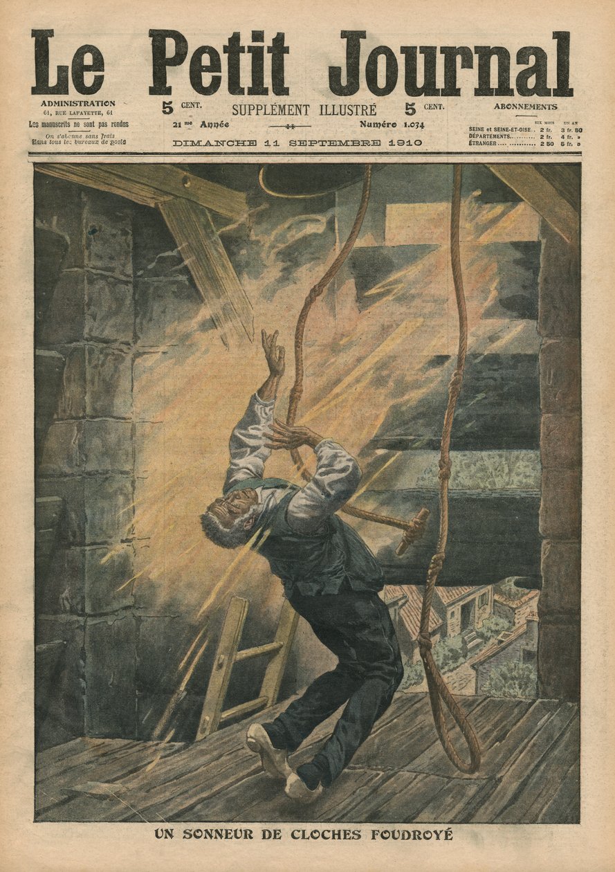 رنين جرس ضربه البرق ، رسم توضيحي من `` Le Petit Journal &39;&39; ، ملحق illustre ، 11 سبتمبر 1910 بواسطة المدرسة الفرنسية