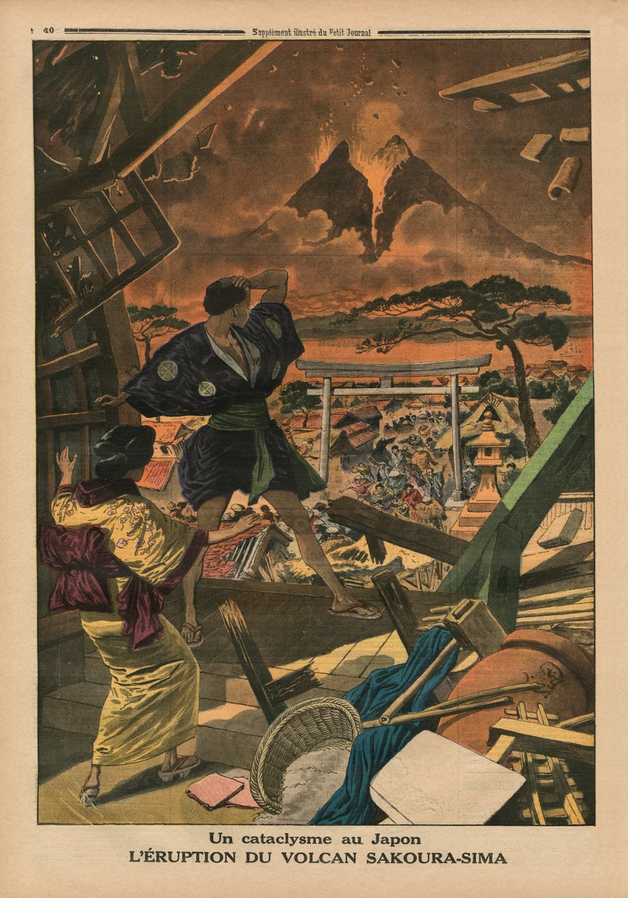 كارثة في اليابان ، ثوران بركان ساكورا جيما ، توضيح الغلاف الخلفي من `` Le Petit Journal &39;&39; ، ملحق illustre ، 1 فبراير 1914 بواسطة المدرسة الفرنسية