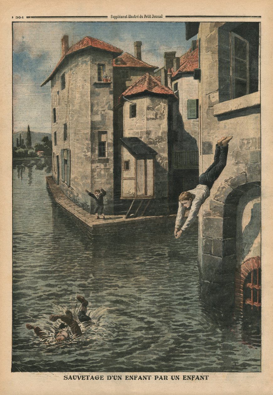 طفل ينقذ طفلاً آخر ، رسم توضيحي من `` Le Petit Journal &39;&39; ، ملحق إيلوستري ، 18 سبتمبر 1910 بواسطة المدرسة الفرنسية