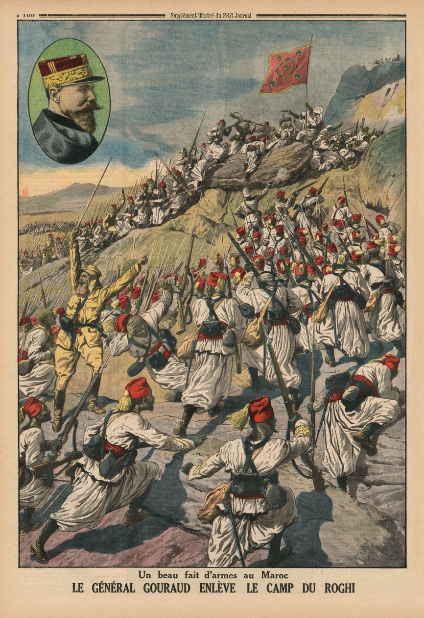 عمل رائع للأسلحة في المغرب ، الجنرال غورو يستولي على معسكر روغي ، صورة الغلاف الخلفي من `` Le Petit Journal &39;&39; ، ملحق illustre ، 26 مايو 1914 بواسطة المدرسة الفرنسية