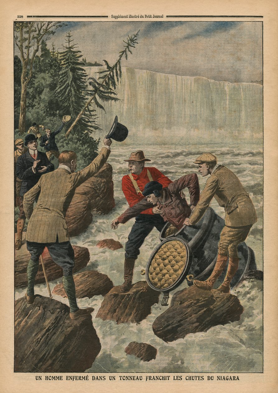 رجل في برميل يعبر شلالات نياجرا ، رسم توضيحي من `` Le Petit Journal &39;&39; ، ملحق illustre ، 9 أكتوبر 1910 بواسطة المدرسة الفرنسية