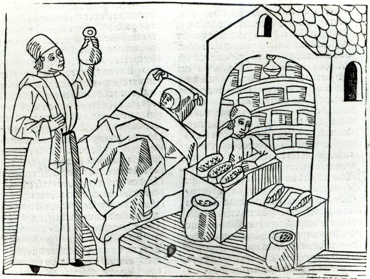مريض بطبيب وصيدلاني من كتاب خصائص الأشياء بقلم بارتيليمي الإنجليزي ، 1482 بواسطة المدرسة الفرنسية