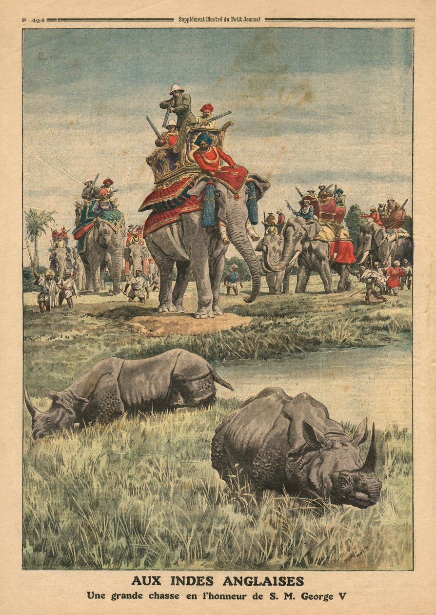 مطاردة وحيد القرن على شرف الملك جورج الخامس (1865-1936) ، رسم توضيحي من "لو بيتيت جورنال" ، ملحق إيلوستري ، 31 ديسمبر 1911 بواسطة المدرسة الفرنسية