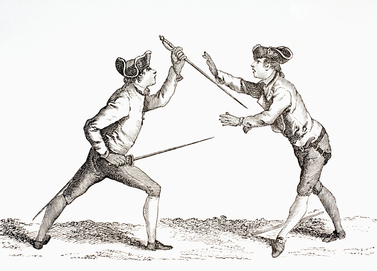 يقوم المبارز بنزع سلاح خصمه وهو في وضع يمكنه من الدفع ، من &39;XVIII Siecle Institutions، Usages et Costumes&39; ، المنشورة عام 1875 بواسطة المدرسة الفرنسية
