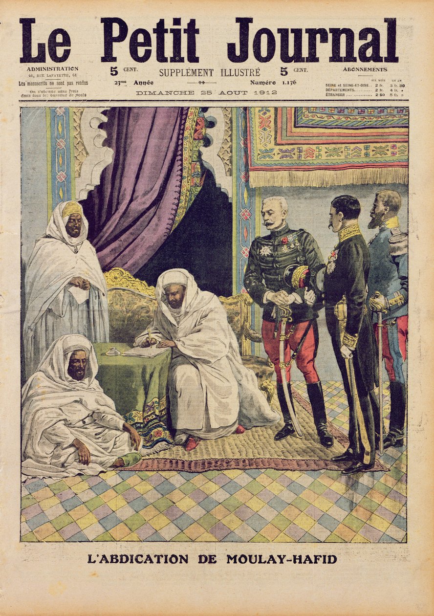 تنازل مولاي حفيظ ، سلطان المغرب ، صورة توضيحية لـ "لو بيتيت جورنال" ، 25 أغسطس 1912 بواسطة المدرسة الفرنسية