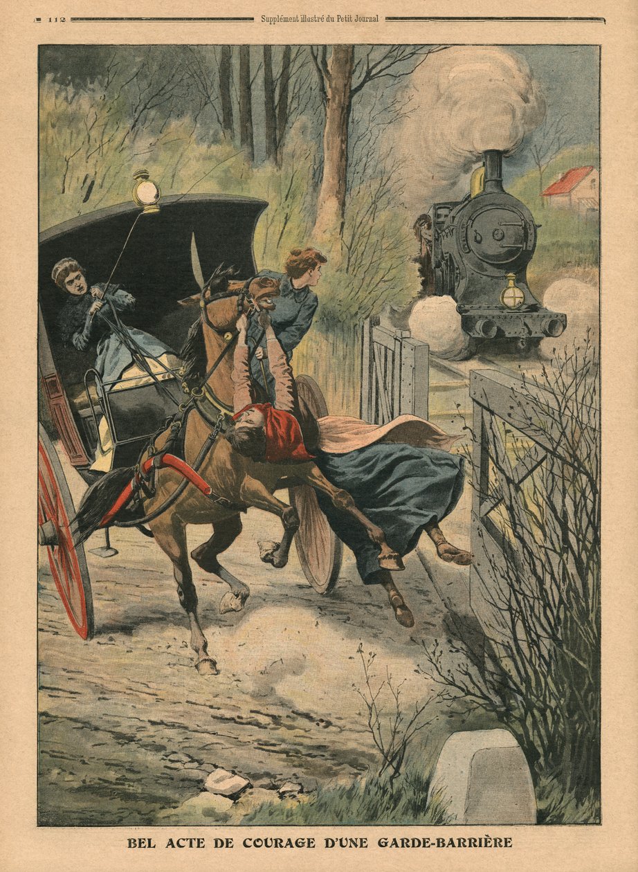 عمل شجاعة حارس عبور المستوى ، توضيح من `` Le Petit Journal &39;&39; ، ملحق Illustre ، 7 أبريل 1907 بواسطة المدرسة الفرنسية