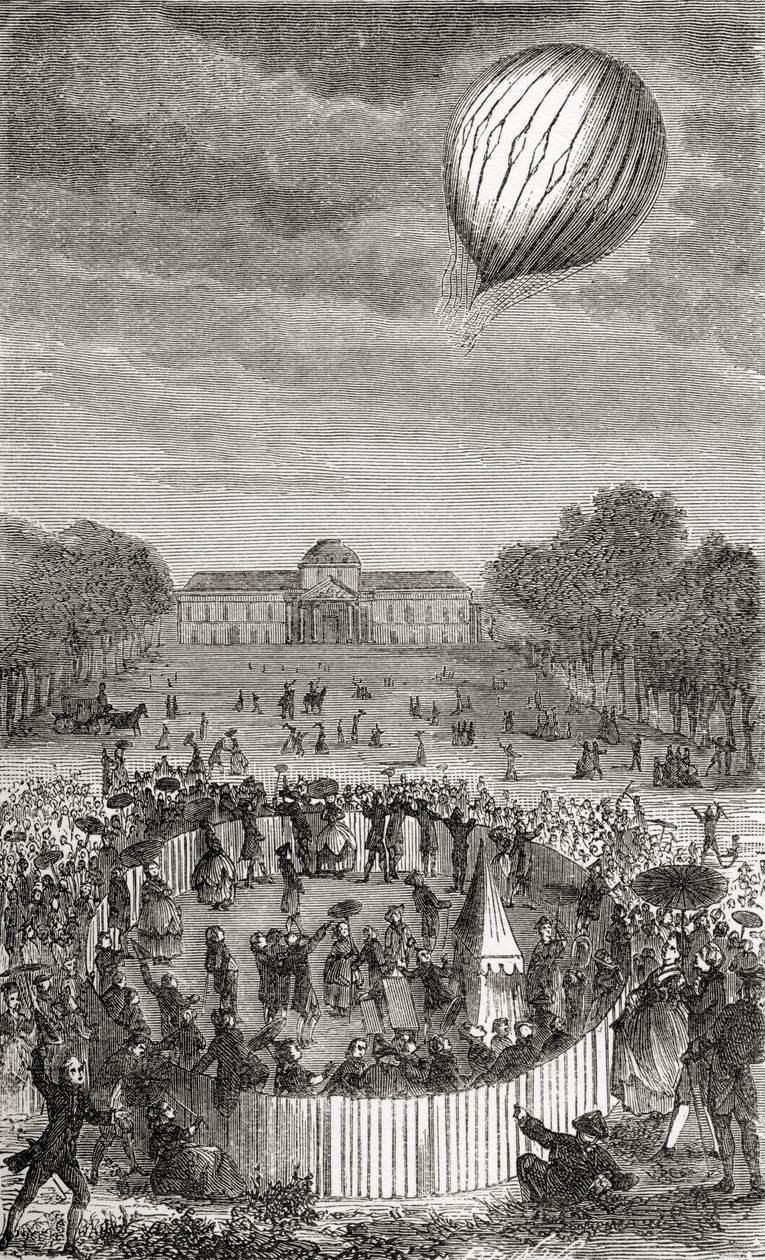 صعود بالون تشارلز فوق Champs de Mars ، من "Wonderful Balloon Ascents or the Conquest of the Skies" ، بقلم فولجنس ماريون ، نُشر في عام 1870 بواسطة المدرسة الفرنسية