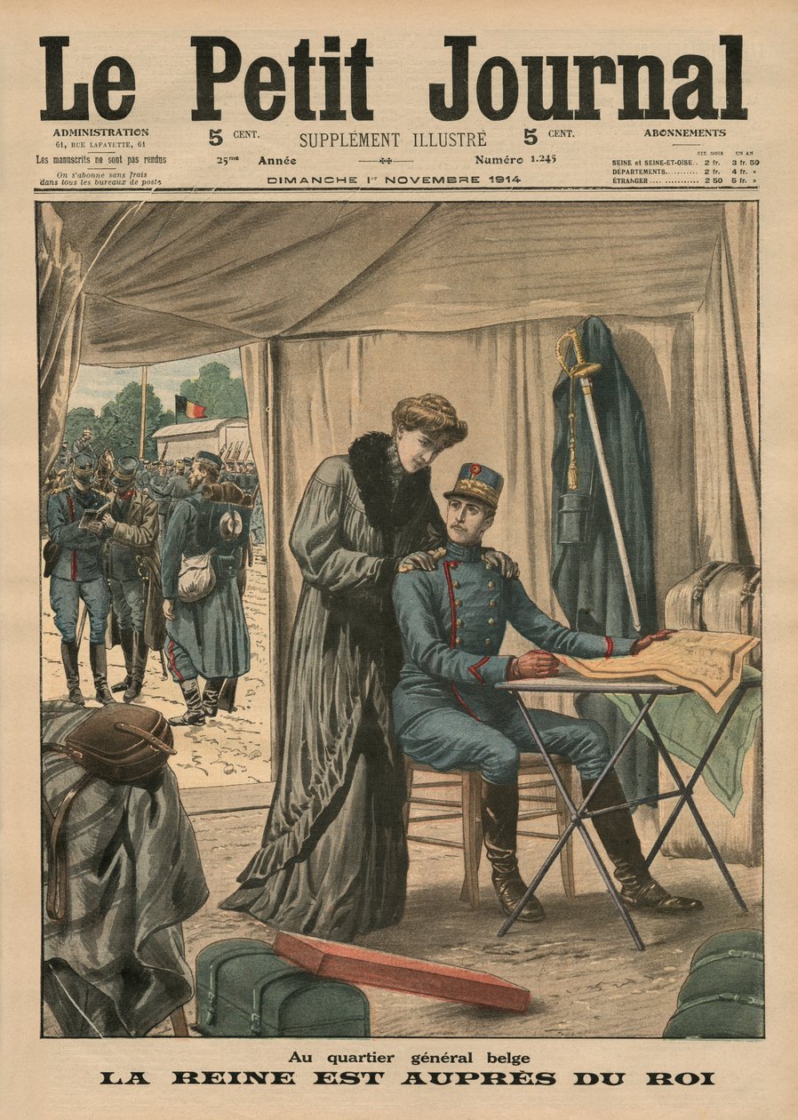 في المقر البلجيكي ، بقيت الملكة مع الملك ، صورة الغلاف الأمامي من `` Le Petit Journal &39;&39; ، ملحق Illustre ، 1 نوفمبر 1914 بواسطة المدرسة الفرنسية