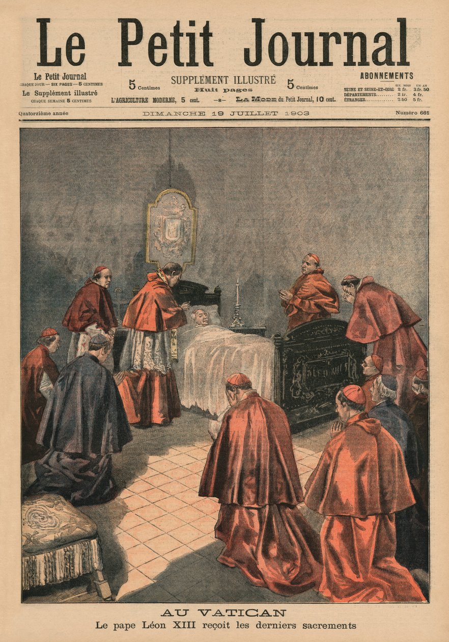 في الفاتيكان ، تلقى البابا ليو الثالث عشر الشعائر الأخيرة ، صورة الغلاف الأمامي من "Le Petit Journal" ، ملحق illustre ، 19 يوليو 1903 بواسطة المدرسة الفرنسية