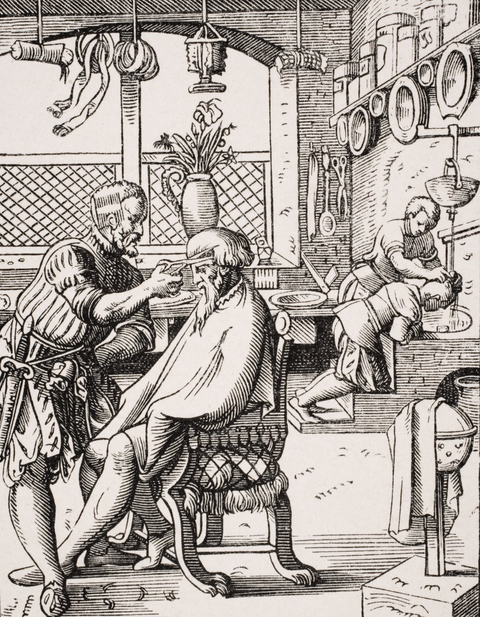 حلاق ، استنساخ قطع خشبية لجوست عمان (1539-91) من "Le Moyen Age et La Renaissance" بقلم بول لاكروا (1806-1884) المنشور عام 1847 بواسطة المدرسة الفرنسية