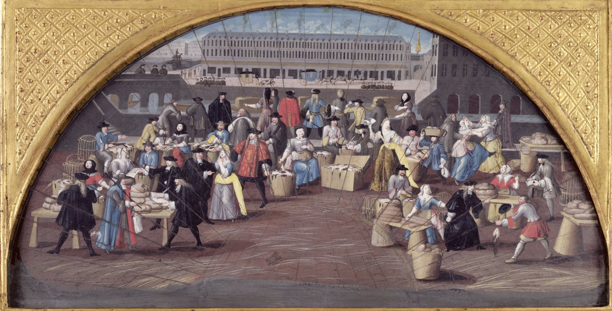 سوق الخبز والدواجن في Quai des Grands Augustins ، تصميم مروحة ، c.1670 بواسطة المدرسة الفرنسية