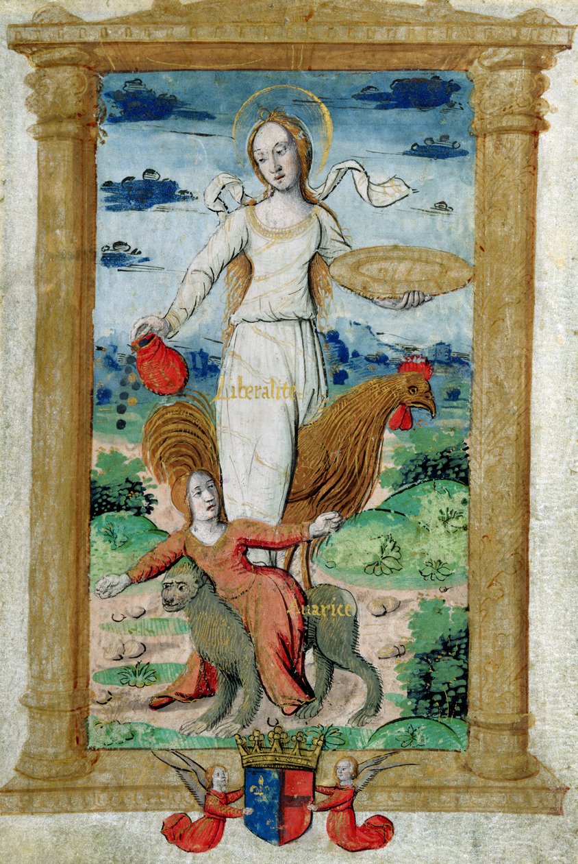 CL 22718 B Generosity Against Avarice ، من "Rondeaux des Vertus" تم إنشاؤها لـ Louise de Savoie بواسطة المدرسة الفرنسية