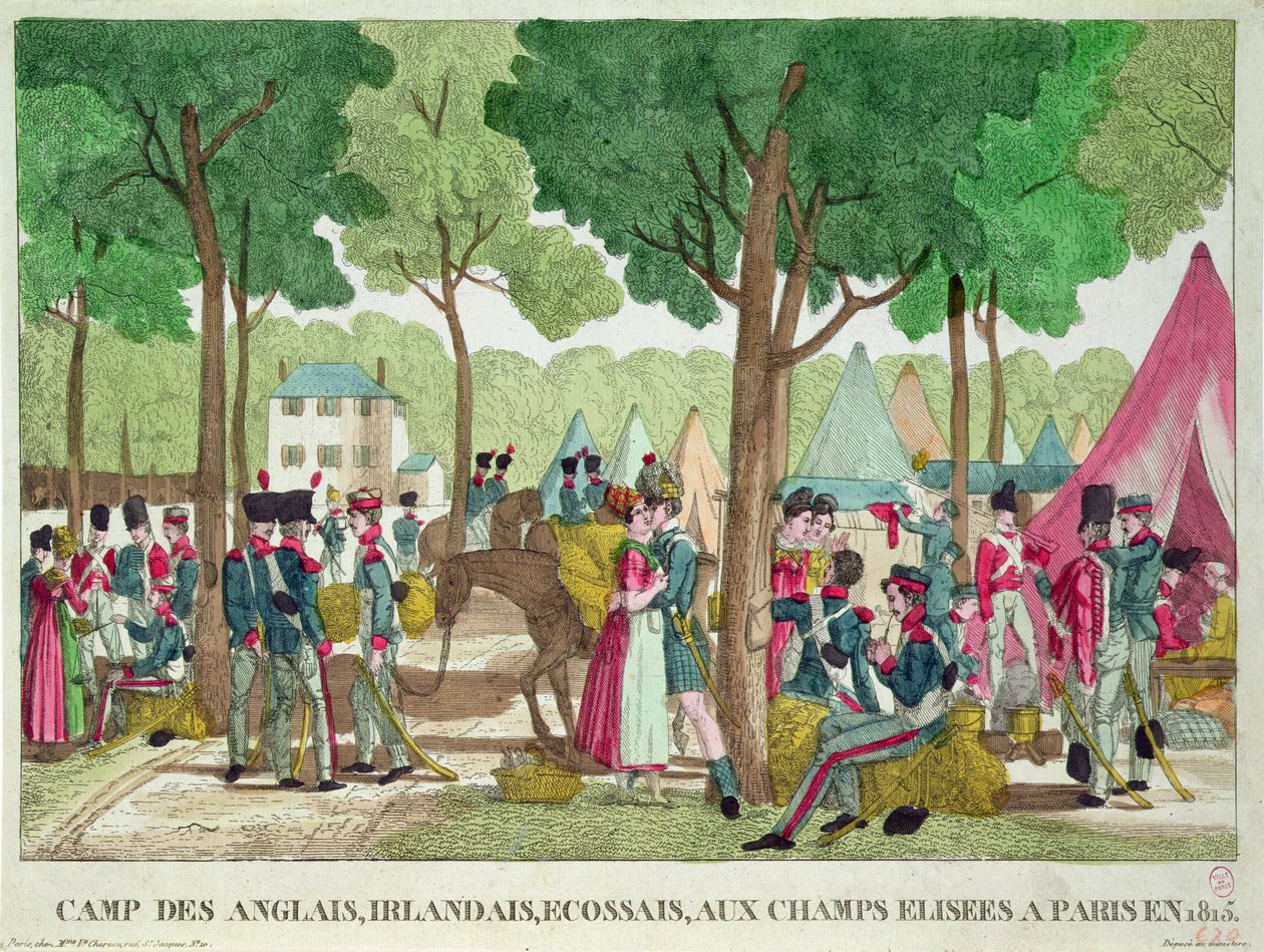 معسكر الجنود الإنجليز والأيرلنديين والاسكتلنديين في الشانزليزيه عام 1815 بواسطة المدرسة الفرنسية