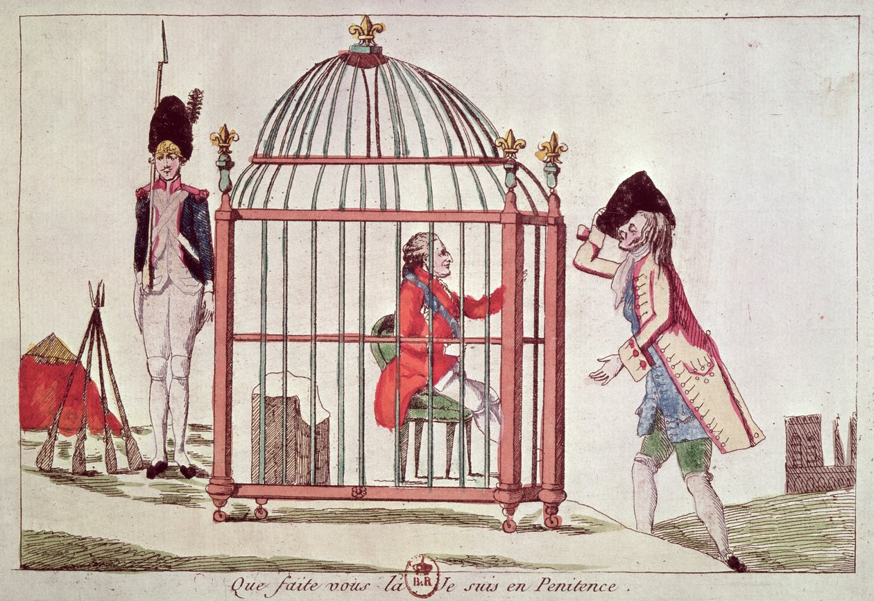 كاريكاتير لويس السادس عشر (1754-1993) في قفص بعد اعتقاله في فارين 1791 بواسطة المدرسة الفرنسية