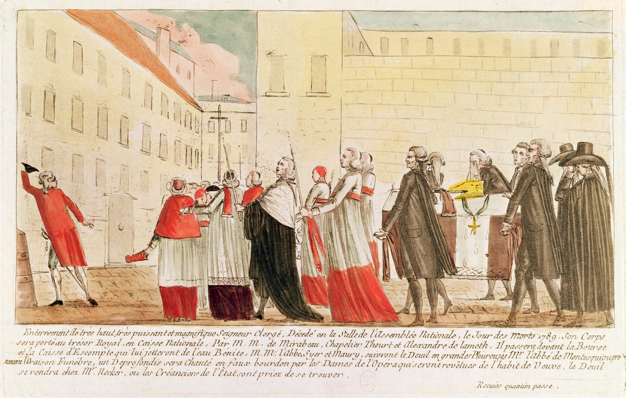 رسم كاريكاتوري لدفن رجال الدين بعد تأميم ممتلكات الكنيسة ، 1789 (قلم حبر ومرحاض على ورق) بواسطة المدرسة الفرنسية