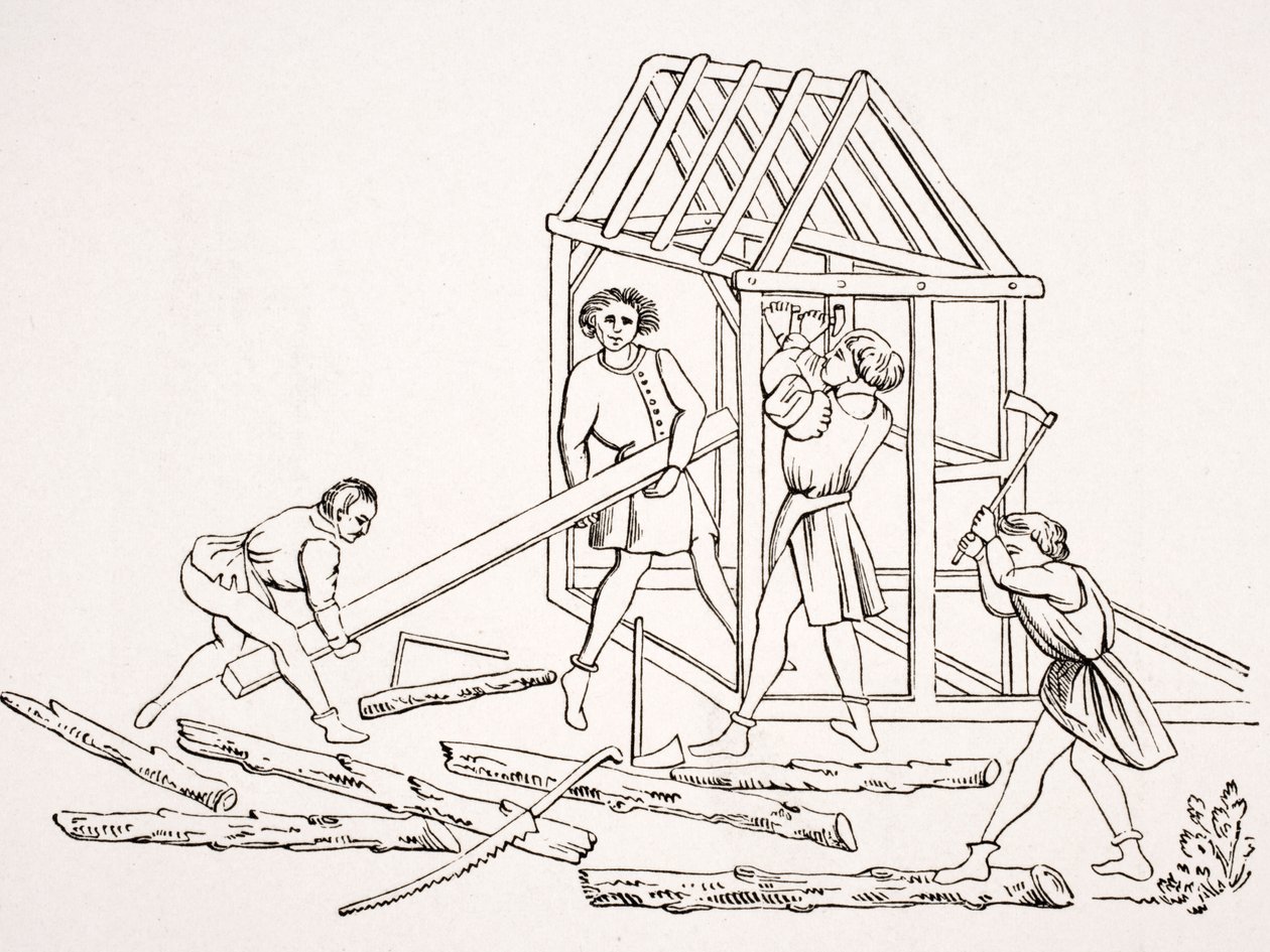 النجارون ، بعد مصغر في مخطوطة من القرن الخامس عشر ، "Chroniques de Jainaut" ، من "Le Moyen Age et La Renaissance" بواسطة Paul Lacroix (1806-84) نشر عام 1847 بواسطة المدرسة الفرنسية